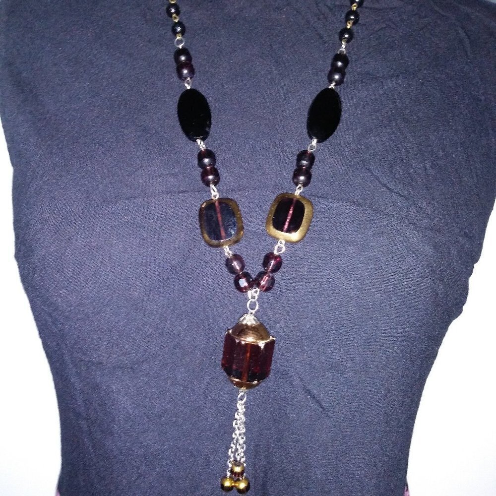 Costume Necklace Black Gold beaded long